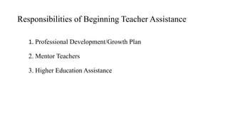 Responsibilities of Beginning Teacher Assistance
1. Professional Development/Growth Plan
2. Mentor Teachers
3. Higher Education Assistance
 