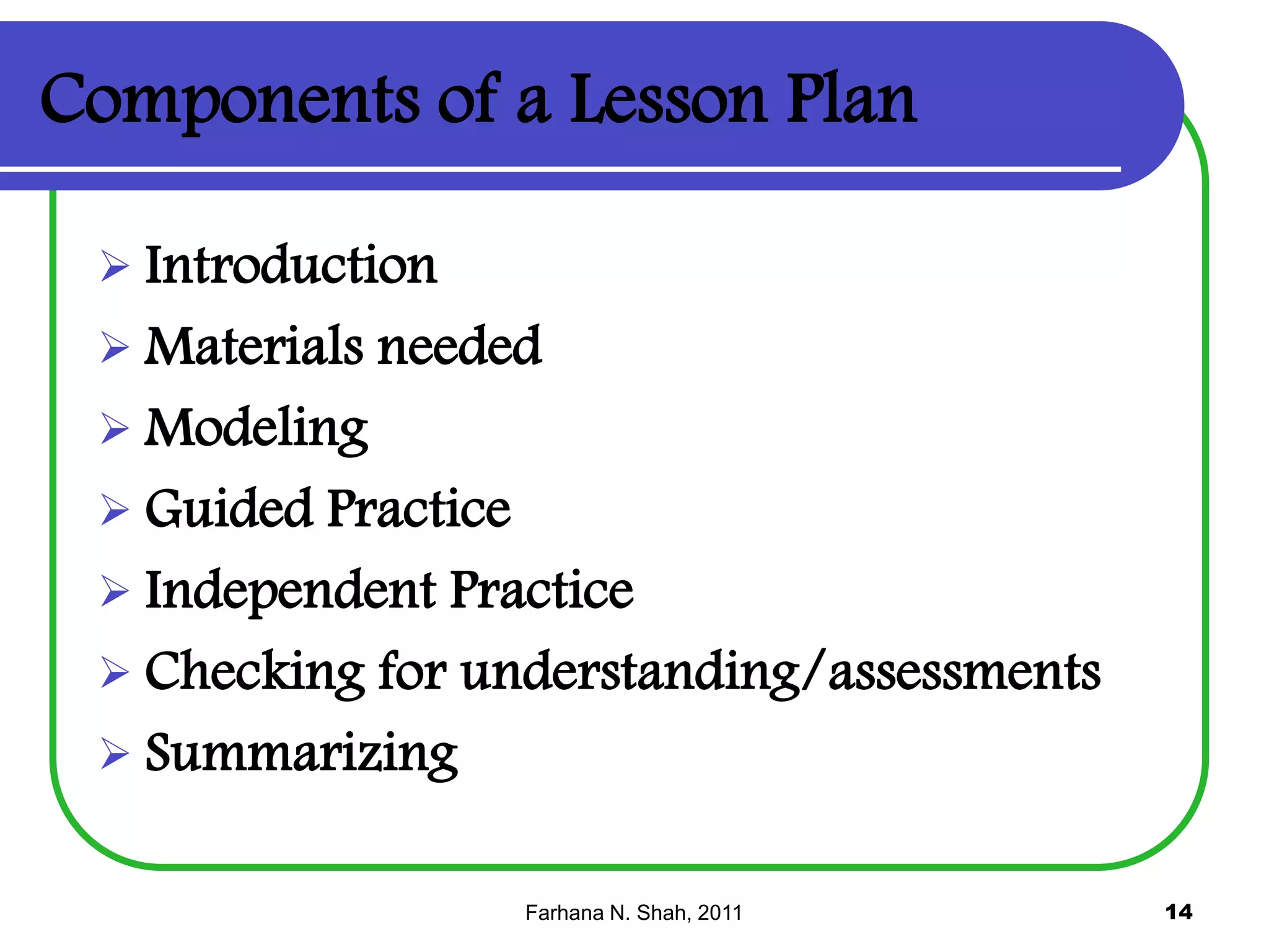 Components of a Lesson Plan
 Introduction
 Materials

needed

 Modeling
 Guided Practice
 Independent

Practice
 Checking for understanding/assessments
 Summarizing
Farhana N. Shah, 2011

14

 