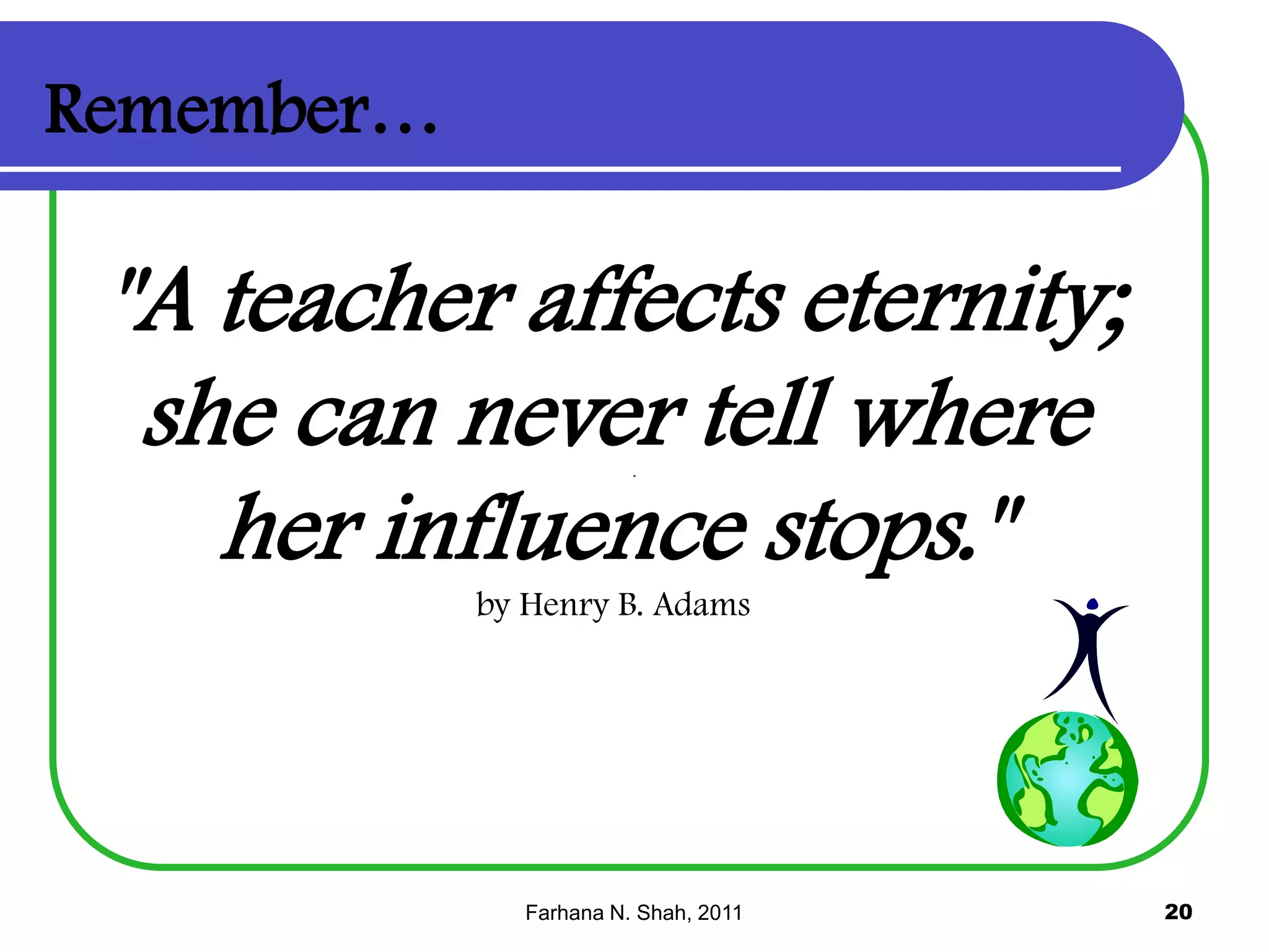 Remember…

"A teacher affects eternity;
she can never tell where
her influence stops."
by Henry B. Adams

Farhana N. Shah, 2011

20

 