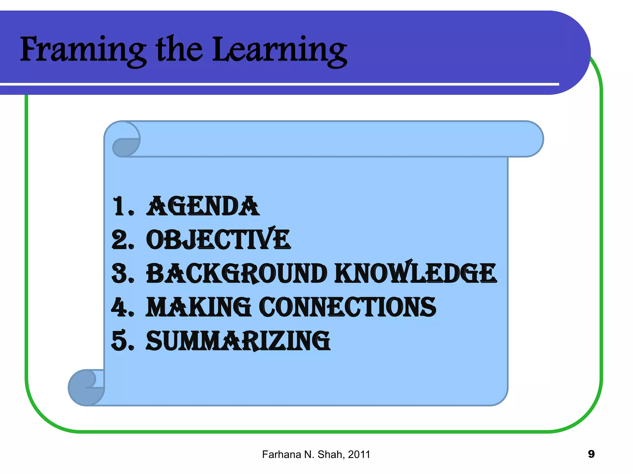 Framing the Learning

1.
2.
3.
4.
5.

Agenda
Objective
Background knowledge
Making connections
Summarizing

Farhana N. Shah, 2011

9

 