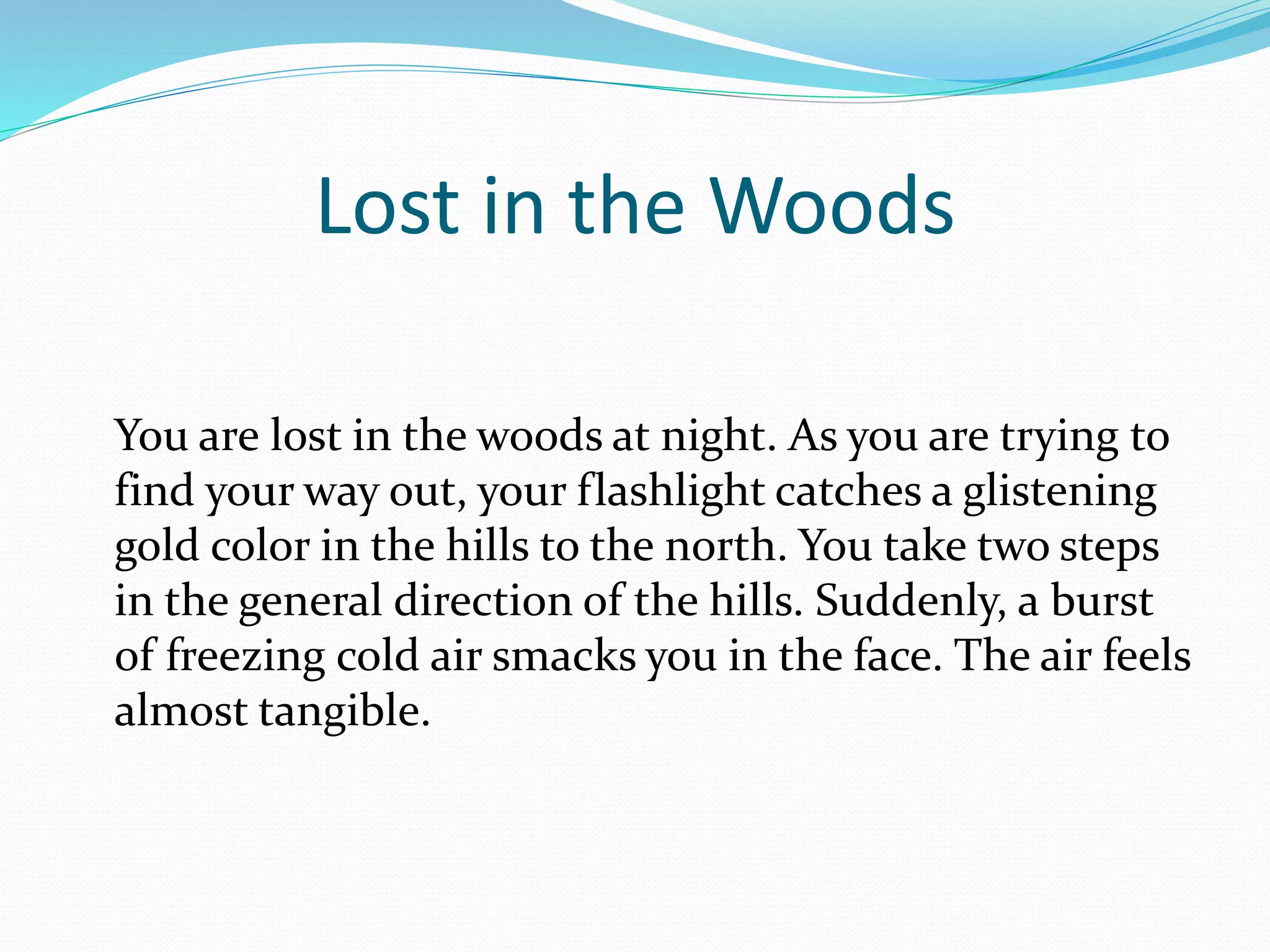 Lost in the Woods 
You are lost in the woods at night. As you are trying to 
find your way out, your flashlight catches a glistening 
gold color in the hills to the north. You take two steps 
in the general direction of the hills. Suddenly, a burst 
of freezing cold air smacks you in the face. The air feels 
almost tangible. 
 