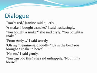 Dialogue 
“You’re red,” Jeanine said quietly. 
“A snake. I bought a snake,” I said hesitatingly. 
“You bought a snake?” she said dryly. “You bought a 
snake.” 
“From Andy…,” I said tersely. 
“Oh my!” Jeanine said loudly. “It’s in the box! You 
brought a snake in here!” 
“No, no,” I said gently. 
“You can’t do this,” she said unhappily. “Not in my 
house.” 
 