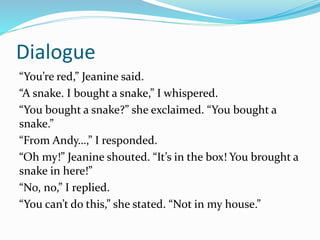 Dialogue 
“You’re red,” Jeanine said. 
“A snake. I bought a snake,” I whispered. 
“You bought a snake?” she exclaimed. “You bought a 
snake.” 
“From Andy…,” I responded. 
“Oh my!” Jeanine shouted. “It’s in the box! You brought a 
snake in here!” 
“No, no,” I replied. 
“You can’t do this,” she stated. “Not in my house.” 
 