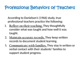 Professional Behaviors of Teachers
According to Danielson’s (1966) study, true
professional teachers practice the following:
1. Reflect on their teaching. They thoughtfully
consider what was taught and how well it was
taught.
2. Maintain accurate records. They keep written
records to document student learning.
3. Communicate with families. They stay in written or
verbal contact with their students’ families to
support student progress.
 