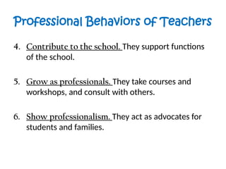 Professional Behaviors of Teachers
4. Contribute to the school. They support functions
of the school.
5. Grow as professionals. They take courses and
workshops, and consult with others.
6. Show professionalism. They act as advocates for
students and families.
 