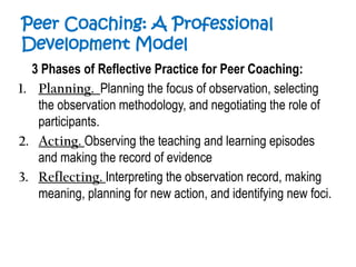 Peer Coaching: A Professional
Development Model
3 Phases of Reflective Practice for Peer Coaching:
1. Planning. Planning the focus of observation, selecting
the observation methodology, and negotiating the role of
participants.
2. Acting. Observing the teaching and learning episodes
and making the record of evidence
3. Reflecting. Interpreting the observation record, making
meaning, planning for new action, and identifying new foci.
 