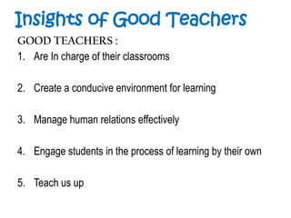 Insights of Good Teachers
GOOD TEACHERS :
1. Are In charge of their classrooms
2. Create a conducive environment for learning
3. Manage human relations effectively
4. Engage students in the process of learning by their own
5. Teach us up
 