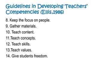 Guidelines in Developing Teachers’
Competencies (Ellis,1986)
8. Keep the focus on people.
9. Gather materials.
10. Teach content.
11.Teach concepts.
12. Teach skills.
13.Teach values.
14. Give students freedom.
 