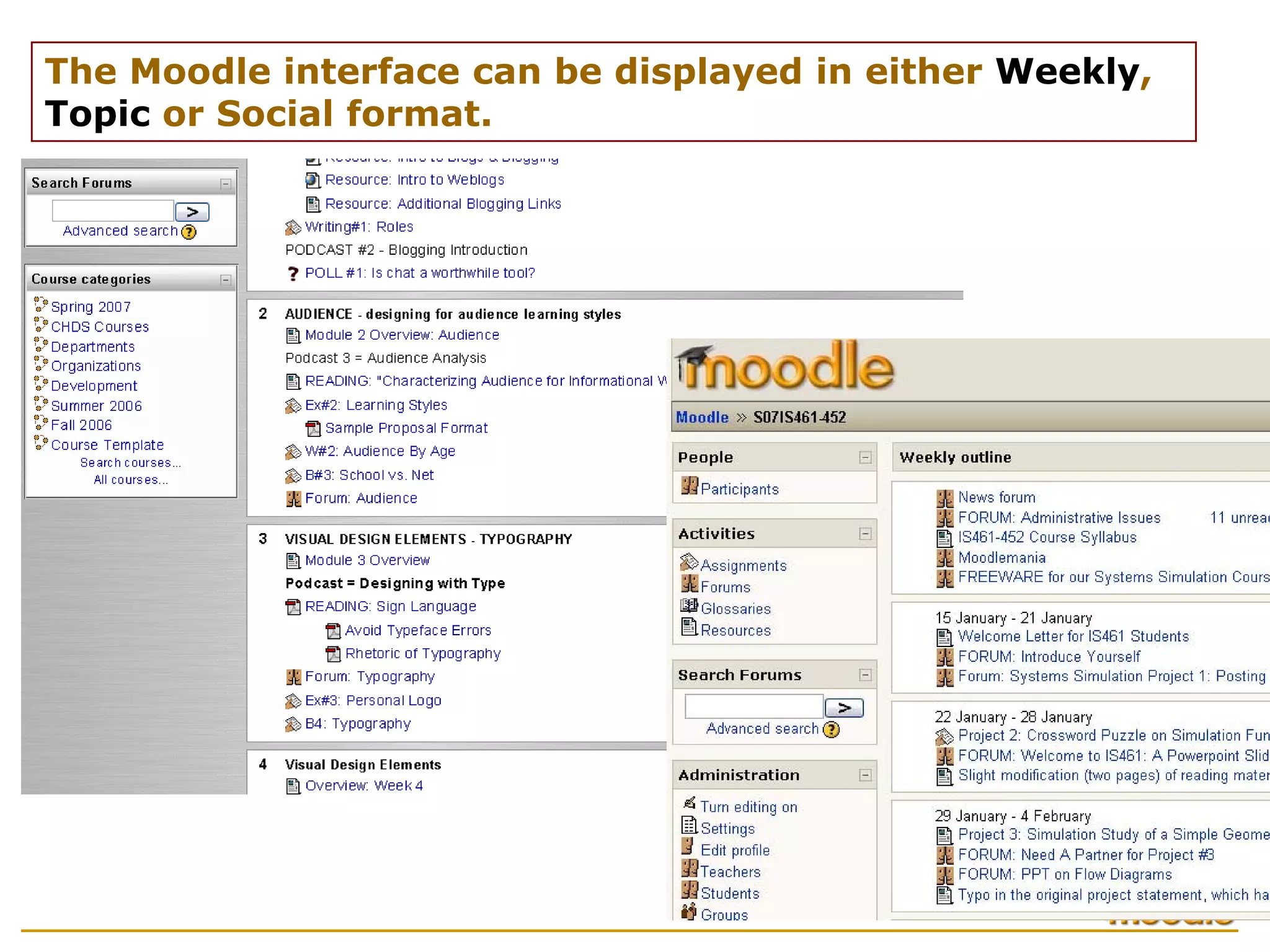The Moodle interface can be displayed in either Weekly,
Topic or Social format.
 