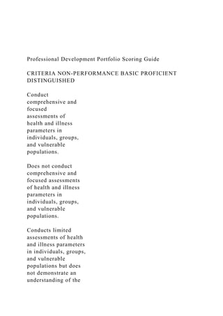 Professional Development Portfolio Scoring Guide
CRITERIA NON-PERFORMANCE BASIC PROFICIENT
DISTINGUISHED
Conduct
comprehensive and
focused
assessments of
health and illness
parameters in
individuals, groups,
and vulnerable
populations.
Does not conduct
comprehensive and
focused assessments
of health and illness
parameters in
individuals, groups,
and vulnerable
populations.
Conducts limited
assessments of health
and illness parameters
in individuals, groups,
and vulnerable
populations but does
not demonstrate an
understanding of the
 