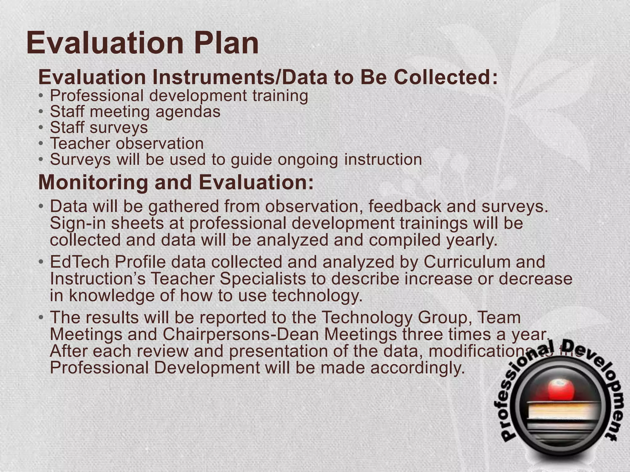 Evaluation PlanEvaluation Instruments/Data to Be Collected:Professional development training Staff meeting agendasStaff surveysTeacher observation Surveys will be used to guide ongoing instructionMonitoring and Evaluation:Data will be gathered from observation, feedback and surveys.  Sign-in sheets at professional development trainings will be collected and data will be analyzed and compiled yearly.EdTech Profile data collected and analyzed by Curriculum and Instruction’s Teacher Specialists to describe increase or decrease in knowledge of how to use technology.The results will be reported to the Technology Group, Team Meetings and Chairpersons-Dean Meetings three times a year.  After each review and presentation of the data, modifications to the Professional Development will be made accordingly.