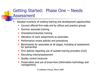 Getting Started:  Phase One – Needs Assessment Detailed inventory of existing training and development opportunities Courses offered firm-wide and by offices and practice groups Summer associate training Orientation/induction training Allocation of work assignments to associates Performance review policies and procedures Benchmarks for associates at all stages, including at assessment for partnership Firm policies regarding use of outside training providers (CLE) Recruiting criteria/assessment Quality control measures Preservation and use of know-how (information technology and management) 