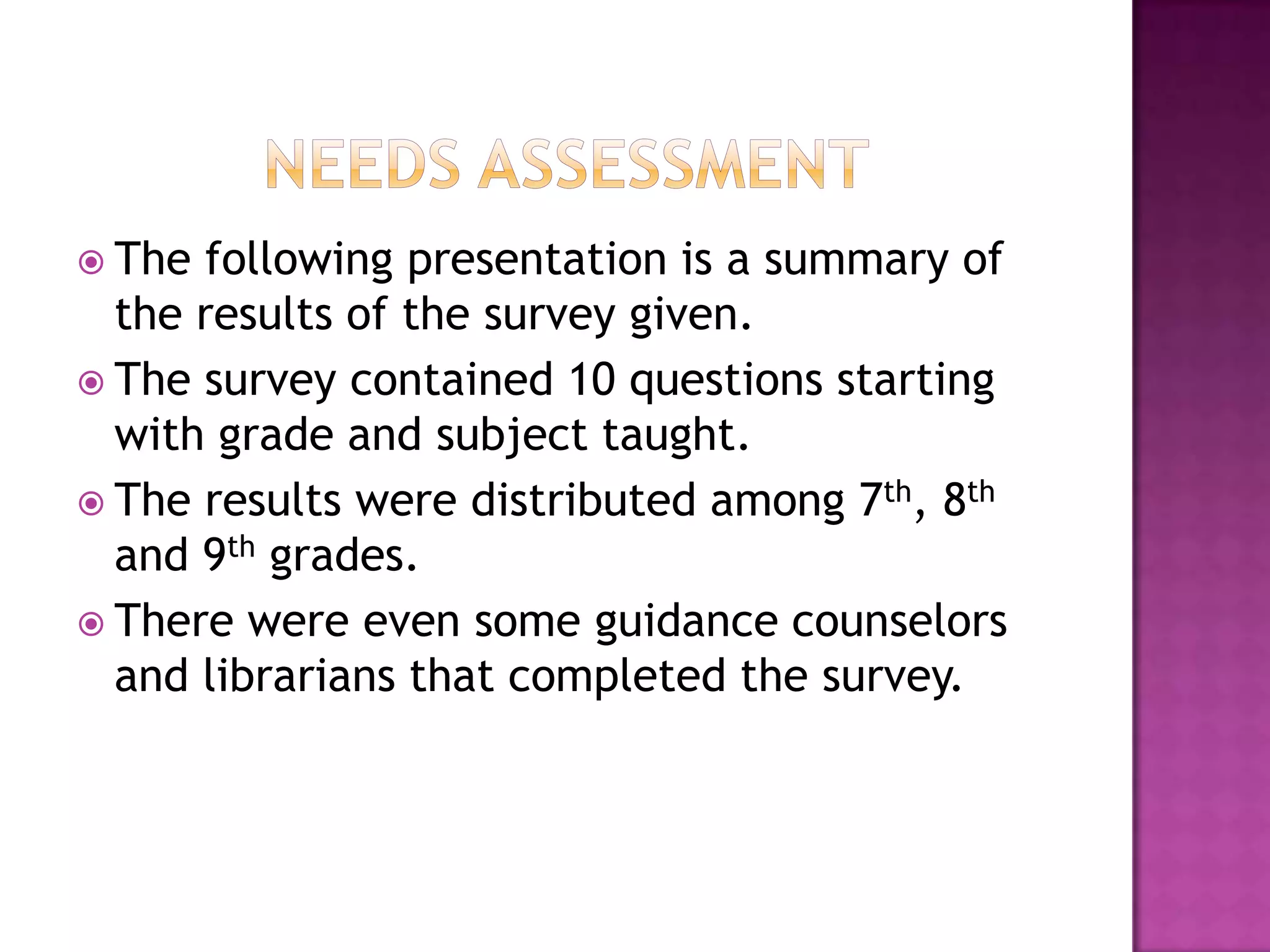 Needs AssessmentThe following presentation is a summary of the results of the survey given.The survey contained 10 questions starting with grade and subject taught.The results were distributed among 7th, 8th and 9th grades.There were even some guidance counselors and librarians that completed the survey.