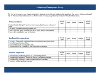 This short survey pertains to your thoughts and decisions about your career, internship or job search preparedness. Your answers to these questions will help the Professional Committee measure our effectiveness in enhancing your professional development throughout the semester.<br />Professional DressStrongly AgreeAgreeNeutralDisagreeStrongly DisagreeI feel comfortable distinguishing between business casual and business professional attire.I am aware of the events requiring business attire.I have a structured bag or purse that I can use for events requiring business attire.I have a dark colored suite I wear for interviews.<br />Job Search CorrespondenceStrongly AgreeAgreeNeutralDisagreeStrongly DisagreeI am aware of appropriate email etiquette when contacting a prospective employer.I can effectively write a cover letter.I know what to include in a prospecting letter.I know what to include in a thank you letter to a prospective employer. <br />Interview PreparationStrongly AgreeAgreeNeutralDisagreeStrongly DisagreeI understand how to effectively prepare for a job/internship interview. I know what type of questions that may be asked in a job/internship interview.I know what type of questions to ask during a job/internship interviews.I know how to follow-up after an interview.<br />Resume WritingStrongly AgreeAgreeNeutralDisagreeStrongly DisagreeI am aware of the different resume styles and formatting that are commonly used.  I can effectively write a resume.I have identified a list of action verbs to use on my resume that highlight skill sets most specific to my career goals. My resume is ready for employers to view.<br />Portfolio PreparationStrongly AgreeAgreeNeutralDisagreeStrongly DisagreeI am aware of the different items to include in my portfolio. I have identified projects and work samples to include in my portfolio that showcase my skills. I have three letters of recommendations ready for viewing.<br />Informational InterviewingStrongly AgreeAgreeNeutralDisagreeStrongly DisagreeI am familiar with the process of informational interviewing.I know how to prepare for an informational interview.I am aware of what I can learn from an informational interview. I know what questions are typically asked during the informational interview. <br />Thank you for completing our survey! <br />