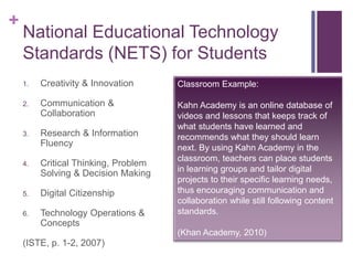 +
National Educational Technology
Standards (NETS) for Students
1. Creativity & Innovation
2. Communication &
Collaboration
3. Research & Information
Fluency
4. Critical Thinking, Problem
Solving & Decision Making
5. Digital Citizenship
6. Technology Operations &
Concepts
(ISTE, p. 1-2, 2007)
Classroom Example:
Kahn Academy is an online database of
videos and lessons that keeps track of
what students have learned and
recommends what they should learn
next. By using Kahn Academy in the
classroom, teachers can place students
in learning groups and tailor digital
projects to their specific learning needs,
thus encouraging communication and
collaboration while still following content
standards.
(Khan Academy, 2010)
 