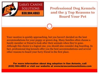 Professional Dog Kennels
and the 3 Top Reasons to
Board Your Pet
For more information about dog adoption in San Antonio, call
(830) 904-4863 or visit our website at www.larascaninesolutions.com
Your vacation is quickly approaching, but you haven't decided on the best
accommodations for your puppy or grown dog. Many families often choose a
family member or friend to look after their animals when they're gone.
Although this choice is a logical one, you should also consider dog boarding. In
fact, professional dog kennels offer you the best accommodations and several
other reasons to board your furry friend in the first place.
 