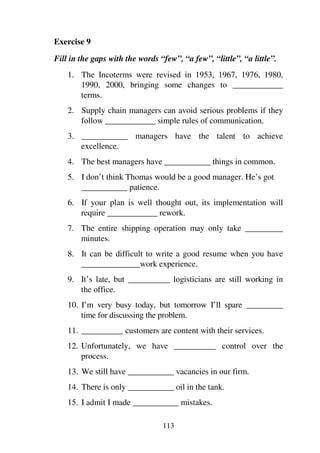 113
Exercise 9
Fill in the gaps with the words “few”, “a few”, “little”, “a little”.
1. The Incoterms were revised in 1953, 1967, 1976, 1980,
1990, 2000, bringing some changes to ____________
terms.
2. Supply chain managers can avoid serious problems if they
follow ____________ simple rules of communication.
3. ___________ managers have the talent to achieve
excellence.
4. The best managers have ___________ things in common.
5. I don’t think Thomas would be a good manager. He’s got
___________ patience.
6. If your plan is well thought out, its implementation will
require ____________ rework.
7. The entire shipping operation may only take _________
minutes.
8. It can be difficult to write a good resume when you have
______________work experience.
9. It’s late, but __________ logisticians are still working in
the office.
10. I’m very busy today, but tomorrow I’ll spare _________
time for discussing the problem.
11. __________ customers are content with their services.
12. Unfortunately, we have __________ control over the
process.
13. We still have ___________ vacancies in our firm.
14. There is only ___________ oil in the tank.
15. I admit I made ___________ mistakes.
 