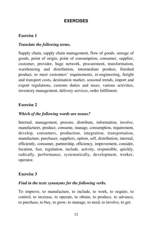12
EXERCISES
Exercise 1
Translate the following terms.
Supply chain, supply chain management, flow of goods, storage of
goods, point of origin, point of consumption, consumer, supplier,
customer, provider, huge network, procurement, transformation,
warehousing and distribution, intermediate product, finished
product, to meet customers’ requirements, re-engineering, freight
and transport costs, destination market, seasonal trends, import and
export regulations, customs duties and taxes, various activities,
inventory management, delivery services, order fulfilment.
Exercise 2
Which of the following words are nouns?
Internal, management, procure, distribute, information, involve,
manufacturer, produce, consume, manage, consumption, requirement,
develop, consumers, production, integration, transportation,
manufacture, purchaser, suppliers, option, sell, distribution, internal,
efficiently, consumer, partnership, efficiency, improvement, consider,
location, fast, regulation, include, activity, responsible, quickly,
radically, performance, systematically, development, worker,
operator.
Exercise 3
Find in the texts synonyms for the following verbs.
To improve, to manufacture, to include, to work, to require, to
control, to increase, to operate, to obtain, to produce, to advance,
to purchase, to buy, to grow, to manage, to need, to involve, to get.
 