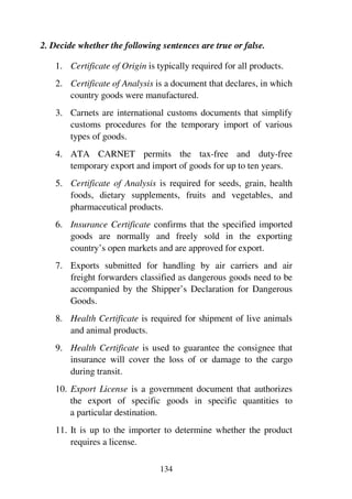 134
2. Decide whether the following sentences are true or false.
1. Certificate of Origin is typically required for all products.
2. Certificate of Analysis is a document that declares, in which
country goods were manufactured.
3. Carnets are international customs documents that simplify
customs procedures for the temporary import of various
types of goods.
4. ATA CARNET permits the tax-free and duty-free
temporary export and import of goods for up to ten years.
5. Certificate of Analysis is required for seeds, grain, health
foods, dietary supplements, fruits and vegetables, and
pharmaceutical products.
6. Insurance Certificate confirms that the specified imported
goods are normally and freely sold in the exporting
country’s open markets and are approved for export.
7. Exports submitted for handling by air carriers and air
freight forwarders classified as dangerous goods need to be
accompanied by the Shipper’s Declaration for Dangerous
Goods.
8. Health Certificate is required for shipment of live animals
and animal products.
9. Health Certificate is used to guarantee the consignee that
insurance will cover the loss of or damage to the cargo
during transit.
10. Export License is a government document that authorizes
the export of specific goods in specific quantities to
a particular destination.
11. It is up to the importer to determine whether the product
requires a license.
 