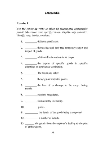 135
EXERCISES
Exercise 1
Use the following verbs to make up meaningful expressions:
permit, take, cover, issue, specify, contain, simplify, ship, authorize,
identify, vary, itemize, consider.
1. _________ different certificates.
2. _________ the tax-free and duty-free temporary export and
import of goods.
3. _________ additional information about cargo.
4. _________ the export of specific goods in specific
quantities to a particular destination.
5. _________ the buyer and seller.
6. _________ the origin of imported goods.
7. _________ the loss of or damage to the cargo during
transit.
8. _________ customs procedures.
9. _________ from country to country.
10. _________ goods.
11. __________ the details of the goods being transported.
12. __________ a number of details.
13. _______ the goods from the exporter’s facility to the port
of embarkation.
 