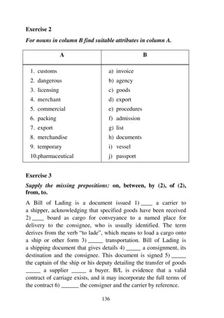136
Exercise 2
For nouns in column B find suitable attributes in column A.
A B
1. customs
2. dangerous
3. licensing
4. merchant
5. commercial
6. packing
7. export
8. merchandise
9. temporary
10.pharmaceutical
a) invoice
b) agency
c) goods
d) export
e) procedures
f) admission
g) list
h) documents
i) vessel
j) passport
Exercise 3
Supply the missing prepositions: on, between, by (2), of (2),
from, to.
A Bill of Lading is a document issued 1) ____ a carrier to
a shipper, acknowledging that specified goods have been received
2) ____ board as cargo for conveyance to a named place for
delivery to the consignee, who is usually identified. The term
derives from the verb “to lade”, which means to load a cargo onto
a ship or other form 3) _____ transportation. Bill of Lading is
a shipping document that gives details 4) _____ a consignment, its
destination and the consignee. This document is signed 5) _____
the captain of the ship or his deputy detailing the transfer of goods
_____ a supplier _____ a buyer. B/L is evidence that a valid
contract of carriage exists, and it may incorporate the full terms of
the contract 6) ______ the consigner and the carrier by reference.
 