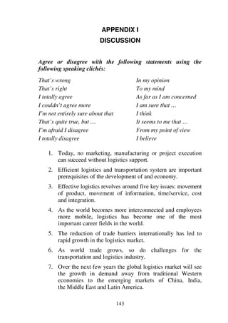 143
APPENDIX I
DISCUSSION
Agree or disagree with the following statements using the
following speaking clichés:
That’s wrong In my opinion
That’s right To my mind
I totally agree As far as I am concerned
I couldn’t agree more I am sure that …
I’m not entirely sure about that I think
That’s quite true, but … It seems to me that …
I’m afraid I disagree From my point of view
I totally disagree I believe
1. Today, no marketing, manufacturing or project execution
can succeed without logistics support.
2. Efficient logistics and transportation system are important
prerequisites of the development of and economy.
3. Effective logistics revolves around five key issues: movement
of product, movement of information, time/service, cost
and integration.
4. As the world becomes more interconnected and employees
more mobile, logistics has become one of the most
important career fields in the world.
5. The reduction of trade barriers internationally has led to
rapid growth in the logistics market.
6. As world trade grows, so do challenges for the
transportation and logistics industry.
7. Over the next few years the global logistics market will see
the growth in demand away from traditional Western
economies to the emerging markets of China, India,
the Middle East and Latin America.
 