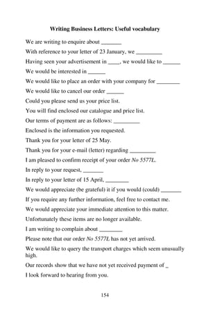154
Writing Business Letters: Useful vocabulary
We are writing to enquire about _______
With reference to your letter of 23 January, we _________
Having seen your advertisement in ____, we would like to ______
We would be interested in ______
We would like to place an order with your company for ________
We would like to cancel our order ______
Could you please send us your price list.
You will find enclosed our catalogue and price list.
Our terms of payment are as follows: _________
Enclosed is the information you requested.
Thank you for your letter of 25 May.
Thank you for your e-mail (letter) regarding _________
I am pleased to confirm receipt of your order No 5577L.
In reply to your request, _______
In reply to your letter of 15 April, ________
We would appreciate (be grateful) it if you would (could) _______
If you require any further information, feel free to contact me.
We would appreciate your immediate attention to this matter.
Unfortunately these items are no longer available.
I am writing to complain about ________
Please note that our order No 5577L has not yet arrived.
We would like to query the transport charges which seem unusually
high.
Our records show that we have not yet received payment of _
I look forward to hearing from you.
 