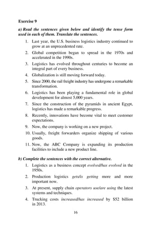 16
Exercise 9
a) Read the sentences given below and identify the tense form
used in each of them. Translate the sentences.
1. Last year, the U.S. business logistics industry continued to
grow at an unprecedented rate.
2. Global competition began to spread in the 1970s and
accelerated in the 1990s.
3. Logistics has evolved throughout centuries to become an
integral part of every business.
4. Globalization is still moving forward today.
5. Since 2000, the rail freight industry has undergone a remarkable
transformation.
6. Logistics has been playing a fundamental role in global
development for almost 5,000 years.
7. Since the construction of the pyramids in ancient Egypt,
logistics has made a remarkable progress.
8. Recently, innovations have become vital to meet customer
expectations.
9. Now, the company is working on a new project.
10. Usually, freight forwarders organize shipping of various
goods.
11. Now, the ABC Company is expanding its production
facilities to include a new product line.
b) Complete the sentences with the correct alternative.
1. Logistics as a business concept evolved/has evolved in the
1950s.
2. Production logistics gets/is getting more and more
important now.
3. At present, supply chain operators use/are using the latest
systems and techniques.
4. Trucking costs increased/has increased by $52 billion
in 2013.
 
