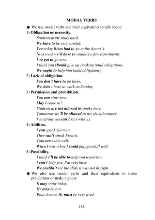 165
MODAL VERBS
1 We use modal verbs and their equivalents to talk about:
1) Obligation or necessity.
Students must study hard.
We have to be very careful.
Yesterday Brian had to go to the doctor’s.
Next week we’ll have to conduct a few experiments.
I’ve got to go now.
I think you should give up smoking (mild obligation).
We ought to help him (mild obligation).
2) Lack of obligation.
You don’t have to go there.
We didn’t have to work on Sunday.
3) Permission and prohibition.
You can start now.
May I come in?
Students are not allowed to smoke here.
Tomorrow we’ll be allowed to use the laboratory.
I’m afraid you can’t stay with us.
4) Abilities.
I can speak German.
They can’t speak French.
Tom can swim well.
When I was a boy I could play football well.
5) Possibility.
I think I’ll be able to help you tomorrow.
I can’t help you. I’m very busy.
We couldn’t see the ship; it was not in sight.
1 We also use modal verbs and their equivalents to make
predictions or make a guess:
It may snow today.
He may be late.
Poor James! He must be very tired.
 