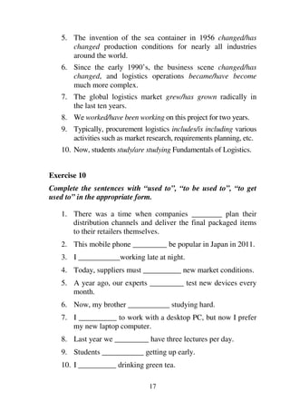 17
5. The invention of the sea container in 1956 changed/has
changed production conditions for nearly all industries
around the world.
6. Since the early 1990’s, the business scene changed/has
changed, and logistics operations became/have become
much more complex.
7. The global logistics market grew/has grown radically in
the last ten years.
8. We worked/have been working on this project for two years.
9. Typically, procurement logistics includes/is including various
activities such as market research, requirements planning, etc.
10. Now, students study/are studying Fundamentals of Logistics.
Exercise 10
Complete the sentences with “used to”, “to be used to”, “to get
used to” in the appropriate form.
1. There was a time when companies ________ plan their
distribution channels and deliver the final packaged items
to their retailers themselves.
2. This mobile phone _________ be popular in Japan in 2011.
3. I ___________working late at night.
4. Today, suppliers must __________ new market conditions.
5. A year ago, our experts _________ test new devices every
month.
6. Now, my brother ___________ studying hard.
7. I __________ to work with a desktop PC, but now I prefer
my new laptop computer.
8. Last year we _________ have three lectures per day.
9. Students ___________ getting up early.
10. I __________ drinking green tea.
 