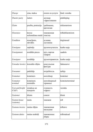 171
Charge cena, maksa 79D  393EB hind, veoraha
Charter party arters 67E747F
7 'FD74ABB
prahileping
Claim pras ba, pretenzija DF5C74AB5,
F5D5AB
reklamatsioon
Clearance kravas
noformšana muit
D875AA
7BD
tollideklaratsioon
Condition nosac jums,
stvoklis
3974B5,
7D7AB5
tingimused
Consignee sa2mjs EF37793D59 kauba saaja
Consignment nost ts preces EF3, FDB
D74F74
saadetis
Consignor nost tjs EF377DF4BD59 kauba saatja
Consular invoice konsulrs rins 7A39
'D3F
faktuurarve
Consumer patrtjs 7DF5CBD59 tarbija
Container konteiners 7AD5A5F konteiner
Container
terminal
konteineru
terminlis
7AD5A5FA#
D5F8BA9
konteinerterminal
Cost and freight
(CF)
izmaksas un
transports
D7B87D
B 'FD
veoraha
Customer klients 9B5AD klient
Custom-house
(customs)
muita D87A toll
Customs invoice muitas rins D875AA
A96A
tolliarve
Customs duties muitas nodok(i D875AA#5
C7F#
tollimaksud
 