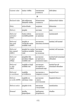 172
Customs value muitas vrt ba D875AA
D7B87D
tolliväärtus
D
Declared value prvadjumam
deklart vrt ba
7C%495AA
D7B87D
deklareeritud väärtus
Delay aizkavšans 65F hilinemine
Delivery piegde 67D4 tarne
Delivered
at frontier
(DAF)
franko robeža
(nord t punkt)
67D495A7
67 EFAB)#
tarnitud piiril
Delivered
duty paid
(DDP)
piegde ar
samakstu muitu
nord t viet
67D495A7,
7!9BA 795A
tarnitud, toll tasutud
Delivered
duty unpaid
(DDU)
piegde bez muitas
samaksas nord t
viet
67D495A7,
7!9BA
A5 795A
tarnitud, toll tasumata
Delivered
ex quay
(DEQ)
piegdts l dz
piesttnes kljam
nord t ost
67D495A7
67 FB9 4
3AA78 7FD3
tarnitud kailt nimetatud
sihtsadam
Delivered
ex ship
(DES)
nogdts ar ku
nord t ost
67D495A7
A 7FC95 4
3AA# 7FD
tarnitud laevalt
nimetatud sihtsadam
Delivered
ex warehouse
nogdts
no noliktavas
67D495A7 
D74FA7E7 96
hangitud laost
Delivery
ex works (EXW)
nogdts no
ražošanas vietas
67D495A7
 85D
BE7D7495AB
hangitud tehasest
Delivery notice piegdes kv ts 4BDA)B
7 7935ABB
tarnekinnitus
Demand pras ba,
piepras jums
DF5C74AB5,
7DF5CA7D
nõudlus
 