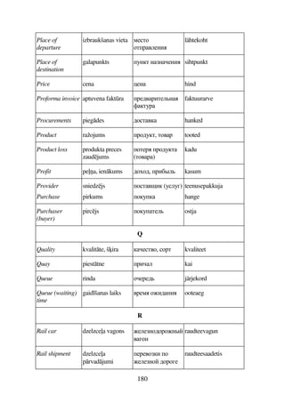 180
Place of
departure
izbraukšanas vieta 85D7
7DF495AB
lähtekoht
Place of
destination
galapunkts 3AD AA5AB sihtpunkt
Price cena )5A hind
Proforma invoice aptuvena faktra F564FBD59A
'D3F
faktuurarve
Procurements piegdes 67D4 hanked
Product ražojums F763D, D74F tooted
Product loss produkta preces
zaudjums
7D5F F763D
(D74F)
kadu
Profit pe(2a, ienkums 6776, FBC#9 kasum
Provider
Purchase
sniedzjs
pirkums
7D4$B (393E)
73
teenusepakkuja
hange
Purchaser
(buyer)
pircjs 73D59 ostja
Q
Quality kvalitte, šira 5D47, 7FD kvaliteet
Quay piesttne FB9 kai
Queue rinda 75F56 järjekord
Queue (waiting)
time
gaid šanas laiks 4F58 7B6AB ooteaeg
R
Rail car dzelzce(a vagons 595A767F7A#
4E7A
raudteevagun
Rail shipment dzelzce(a
prvadjumi
5F547B 7
595A7 67F7E5
raudteesaadetis
 
