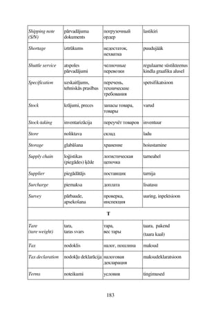 183
Shipping note
(S/N)
prvadjuma
dokuments
7EF37A#
7F65F
lastikiri
Shortage iztrkums A567DD7,
A54D
puudujääk
Shuttle service atspoles
prvadjumi
59A7A#5
5F547B
regulaarne süstikteenus
kindla graafiku alusel
Specification uzskait jums,
tehnisks pras bas
5F55A,
D5AB5B5
DF5C74AB
spetsifikatsioon
Stock krjumi, preces # D74F,
D74F#
varud
Stock-taking inventarizcija 5F53D D74F74 inventuur
Store noliktava 96 ladu
Storage glabšana FA5AB5 hoiustamine
Supply chain loistikas
(piegdes) de
97EBDB5
)57
tarneahel
Supplier piegdtjs 7D4$B tarnija
Surcharge piemaksa 679D lisatasu
Survey prbaude,
apsekošana
F745F,
BA5)B
uuring, inpektsioon
T
Tare
(tare weight)
tara,
taras svars
DF,
45 DF#
taara, pakend
(taara kaal)
Tax nodoklis A97E, 7!9BA maksud
Tax declaration nodok(u deklarcija A97E74
659F)B
maksudeklaratsioon
Terms noteikumi 3974B tingimused
 