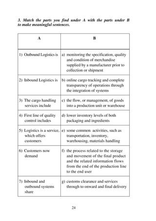 24
3. Match the parts you find under A with the parts under B
to make meaningful sentences.
A B
1) Outbound Logistics is a) monitoring the specification, quality
and condition of merchandise
supplied by a manufacturer prior to
collection or shipment
2) Inbound Logistics is b) online cargo tracking and complete
transparency of operations through
the integration of systems
3) The cargo handling
services include
c) the flow, or management, of goods
into a production unit or warehouse
4) First line of quality
control includes
d) lower inventory levels of both
packaging and ingredients
5) Logistics is a service,
which offers
customers
e) some common activities, such as
transportation, inventory,
warehousing, materials handling
6) Customers now
demand
f) the process related to the storage
and movement of the final product
and the related information flows
from the end of the production line
to the end user
7) Inbound and
outbound systems
share
g) customs clearance and services
through to onward and final delivery
 