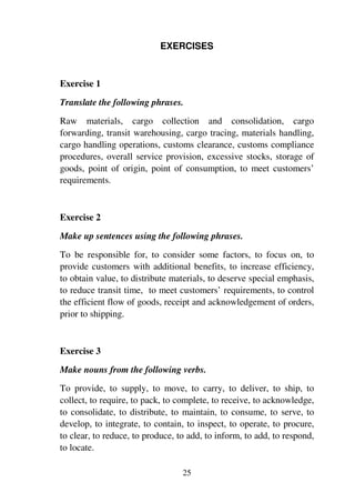 25
EXERCISES
Exercise 1
Translate the following phrases.
Raw materials, cargo collection and consolidation, cargo
forwarding, transit warehousing, cargo tracing, materials handling,
cargo handling operations, customs clearance, customs compliance
procedures, overall service provision, excessive stocks, storage of
goods, point of origin, point of consumption, to meet customers’
requirements.
Exercise 2
Make up sentences using the following phrases.
To be responsible for, to consider some factors, to focus on, to
provide customers with additional benefits, to increase efficiency,
to obtain value, to distribute materials, to deserve special emphasis,
to reduce transit time, to meet customers’ requirements, to control
the efficient flow of goods, receipt and acknowledgement of orders,
prior to shipping.
Exercise 3
Make nouns from the following verbs.
To provide, to supply, to move, to carry, to deliver, to ship, to
collect, to require, to pack, to complete, to receive, to acknowledge,
to consolidate, to distribute, to maintain, to consume, to serve, to
develop, to integrate, to contain, to inspect, to operate, to procure,
to clear, to reduce, to produce, to add, to inform, to add, to respond,
to locate.
 