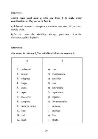 26
Exercise 4
Match each word from a with one from b to make word
combinations as they occur in Text 1.
a) Inbound, outsourced, temporary, customs, raw, cost, full, service,
supply chain.
b) Service, materials, visibility, storage, provision, elements,
clearance, agility, logistics.
Exercise 5
For nouns in column B find suitable attributes in column A.
A B
1. outbound
2. unique
3. shipping
4. cargo
5. transit
6. export
7. excessive
8. complete
9. manufacturing
10. final
11. end
12. loyal
a) time
b) transparency
c) activities
d) user
e) forwarding
f) department
g) logistics
h) documentation
i) customer
j) product
k) firm
l) stocks
 