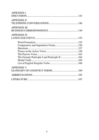 4
APPENDIX I
DISCUSSION...............................................................................143
APPENDIX II
TELEPHONE CONVERSATIONS.............................................146
APPENDIX III
BUSINESS CORRESPONDENCE .............................................149
APPENDIX IV
LANGUAGE FOCUS..................................................................155
Word Formation..................................................................155
Comparative and Superlative Forms...................................156
Questions ............................................................................157
Tenses in the Active Voice.................................................158
The Passive Voice...............................................................163
The Gerund, Participle I and Participle II...........................164
Modal Verbs .......................................................................165
List of English Irregular Verbs...........................................166
APPENDIX V
GLOSSARY OF LOGISTICS TERMS .......................................169
ABBREVIATIONS......................................................................185
LITERATURE .............................................................................187
 
