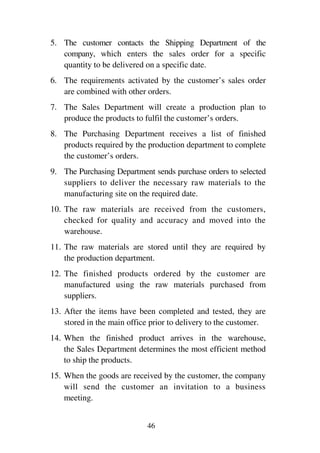 46
5. The customer contacts the Shipping Department of the
company, which enters the sales order for a specific
quantity to be delivered on a specific date.
6. The requirements activated by the customer’s sales order
are combined with other orders.
7. The Sales Department will create a production plan to
produce the products to fulfil the customer’s orders.
8. The Purchasing Department receives a list of finished
products required by the production department to complete
the customer’s orders.
9. The Purchasing Department sends purchase orders to selected
suppliers to deliver the necessary raw materials to the
manufacturing site on the required date.
10. The raw materials are received from the customers,
checked for quality and accuracy and moved into the
warehouse.
11. The raw materials are stored until they are required by
the production department.
12. The finished products ordered by the customer are
manufactured using the raw materials purchased from
suppliers.
13. After the items have been completed and tested, they are
stored in the main office prior to delivery to the customer.
14. When the finished product arrives in the warehouse,
the Sales Department determines the most efficient method
to ship the products.
15. When the goods are received by the customer, the company
will send the customer an invitation to a business
meeting.
 