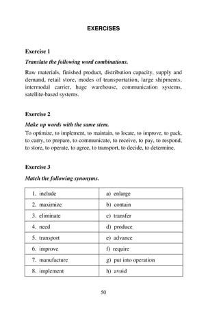 50
EXERCISES
Exercise 1
Translate the following word combinations.
Raw materials, finished product, distribution capacity, supply and
demand, retail store, modes of transportation, large shipments,
intermodal carrier, huge warehouse, communication systems,
satellite-based systems.
Exercise 2
Make up words with the same stem.
To optimize, to implement, to maintain, to locate, to improve, to pack,
to carry, to prepare, to communicate, to receive, to pay, to respond,
to store, to operate, to agree, to transport, to decide, to determine.
Exercise 3
Match the following synonyms.
1. include a) enlarge
2. maximize b) contain
3. eliminate c) transfer
4. need d) produce
5. transport e) advance
6. improve f) require
7. manufacture g) put into operation
8. implement h) avoid
 
