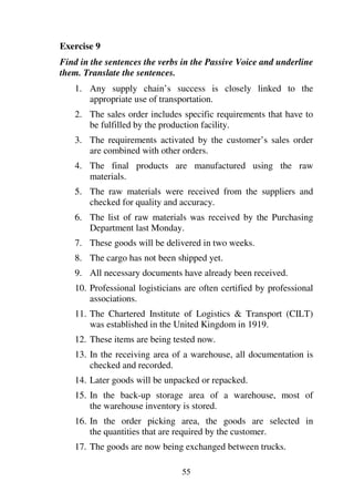 55
Exercise 9
Find in the sentences the verbs in the Passive Voice and underline
them. Translate the sentences.
1. Any supply chain’s success is closely linked to the
appropriate use of transportation.
2. The sales order includes specific requirements that have to
be fulfilled by the production facility.
3. The requirements activated by the customer’s sales order
are combined with other orders.
4. The final products are manufactured using the raw
materials.
5. The raw materials were received from the suppliers and
checked for quality and accuracy.
6. The list of raw materials was received by the Purchasing
Department last Monday.
7. These goods will be delivered in two weeks.
8. The cargo has not been shipped yet.
9. All necessary documents have already been received.
10. Professional logisticians are often certified by professional
associations.
11. The Chartered Institute of Logistics & Transport (CILT)
was established in the United Kingdom in 1919.
12. These items are being tested now.
13. In the receiving area of a warehouse, all documentation is
checked and recorded.
14. Later goods will be unpacked or repacked.
15. In the back-up storage area of a warehouse, most of
the warehouse inventory is stored.
16. In the order picking area, the goods are selected in
the quantities that are required by the customer.
17. The goods are now being exchanged between trucks.
 