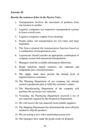 56
Exercise 10
Rewrite the sentences below in the Passive Voice.
1. Transportation involves the movement of products from
one location to another.
2. Logistics companies use responsive transportation systems
to lower overall costs.
3. Logistics companies employ Cross-docking.
4. People utilize rail transportation for low-value and large
shipments.
5. The firm evaluated the transportation function based on
a combination of transportation costs.
6. Logisticians should consider an appropriate combination of
company-owned and outsourced transportation.
7. Managers used the available information effectively.
8. People transform natural resources, raw materials and
components into a finished product.
9. The supply chain must provide the desired level of
responsiveness to customers.
10. The Planning Department of our company has already
created a production plan to fulfil the customer’s orders.
11. The Manufacturing Department of the company will
purchase the necessary raw materials.
12. Yesterday, the Purchasing Department received a list of
raw materials required by the Production Department.
13. We will receive the raw materials from reliable suppliers.
14. The Shipping Department has determined the most efficient
method to ship the products.
15. We are testing a new video monitoring system now.
16. Our managers have made the goods ready for dispatch.
 