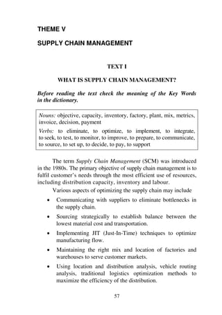 57
THEME V
SUPPLY CHAIN MANAGEMENT
TEXT I
WHAT IS SUPPLY CHAIN MANAGEMENT?
Before reading the text check the meaning of the Key Words
in the dictionary.
Nouns: objective, capacity, inventory, factory, plant, mix, metrics,
invoice, decision, payment
Verbs: to eliminate, to optimize, to implement, to integrate,
to seek, to test, to monitor, to improve, to prepare, to communicate,
to source, to set up, to decide, to pay, to support
The term Supply Chain Management (SCM) was introduced
in the 1980s. The primary objective of supply chain management is to
fulfil customer’s needs through the most efficient use of resources,
including distribution capacity, inventory and labour.
Various aspects of optimizing the supply chain may include
1 Communicating with suppliers to eliminate bottlenecks in
the supply chain.
1 Sourcing strategically to establish balance between the
lowest material cost and transportation.
1 Implementing JIT (Just-In-Time) techniques to optimize
manufacturing flow.
1 Maintaining the right mix and location of factories and
warehouses to serve customer markets.
1 Using location and distribution analysis, vehicle routing
analysis, traditional logistics optimization methods to
maximize the efficiency of the distribution.
 