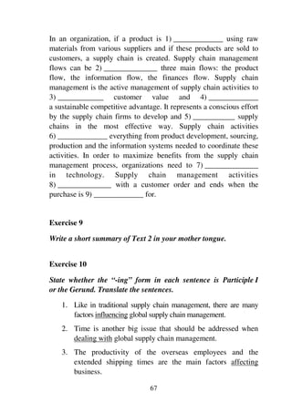 67
In an organization, if a product is 1) _____________ using raw
materials from various suppliers and if these products are sold to
customers, a supply chain is created. Supply chain management
flows can be 2) ______________ three main flows: the product
flow, the information flow, the finances flow. Supply chain
management is the active management of supply chain activities to
3) ____________ customer value and 4) _____________
a sustainable competitive advantage. It represents a conscious effort
by the supply chain firms to develop and 5) ___________ supply
chains in the most effective way. Supply chain activities
6) _____________ everything from product development, sourcing,
production and the information systems needed to coordinate these
activities. In order to maximize benefits from the supply chain
management process, organizations need to 7) ______________
in technology. Supply chain management activities
8) ______________ with a customer order and ends when the
purchase is 9) _____________ for.
Exercise 9
Write a short summary of Text 2 in your mother tongue.
Exercise 10
State whether the “-ing” form in each sentence is Participle I
or the Gerund. Translate the sentences.
1. Like in traditional supply chain management, there are many
factors influencing global supply chain management.
2. Time is another big issue that should be addressed when
dealing with global supply chain management.
3. The productivity of the overseas employees and the
extended shipping times are the main factors affecting
business.
 