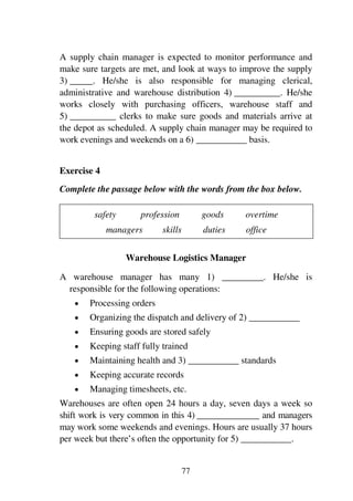 77
A supply chain manager is expected to monitor performance and
make sure targets are met, and look at ways to improve the supply
3) _____. He/she is also responsible for managing clerical,
administrative and warehouse distribution 4) __________. He/she
works closely with purchasing officers, warehouse staff and
5) __________ clerks to make sure goods and materials arrive at
the depot as scheduled. A supply chain manager may be required to
work evenings and weekends on a 6) ___________ basis.
Exercise 4
Complete the passage below with the words from the box below.
safety profession goods overtime
managers skills duties office
Warehouse Logistics Manager
A warehouse manager has many 1) _________. He/she is
responsible for the following operations:
1 Processing orders
1 Organizing the dispatch and delivery of 2) ___________
1 Ensuring goods are stored safely
1 Keeping staff fully trained
1 Maintaining health and 3) ___________ standards
1 Keeping accurate records
1 Managing timesheets, etc.
Warehouses are often open 24 hours a day, seven days a week so
shift work is very common in this 4) ______________ and managers
may work some weekends and evenings. Hours are usually 37 hours
per week but there’s often the opportunity for 5) ___________.
 