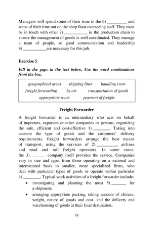 78
Managers will spend some of their time in the 6) _________ and
some of their time out on the shop floor overseeing staff. They must
be in touch with other 7) ___________ in the production chain to
ensure the management of goods is well coordinated. They manage
a team of people, so good communication and leadership
8) ___________are necessary for this job.
Exercise 5
Fill in the gaps in the text below. Use the word combinations
from the box.
geographical areas shipping lines handling costs
freight forwarding by air transportation of goods
appropriate route payment of freight
Freight Forwarder
A freight forwarder is an intermediary who acts on behalf
of importers, exporters or other companies or persons, organizing
the safe, efficient and cost-effective 1) ________. Taking into
account the type of goods and the customers’ delivery
requirements, freight forwarders arrange the best means
of transport, using the services of 2) _________, airlines
and road and rail freight operators. In some cases,
the 3) _______ company itself provides the service. Companies
vary in size and type, from those operating on a national and
international basis to smaller, more specialized firms, who
deal with particular types of goods or operate within particular
4) ________. Typical work activities of a freight forwarder include:
1 investigating and planning the most 5) _______ for
a shipment;
1 arranging appropriate packing, taking account of climate,
weight, nature of goods and cost, and the delivery and
warehousing of goods at their final destination;
 