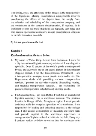 80
The timing, costs, and efficiency of this process is the responsibility
of the logistician. Making transportation arrangements involves
coordinating the efforts of the shipper from the supply firm,
the selection and scheduling of the transportation company, and
the completion of the customs documentation, if required. It is
important to note that these shipments are typically very large and
may require specialized containers, unique transportation solutions
or include hazardous materials.
b) Ask ten questions to the text.
Exercise 7
Read and translate the texts below.
1. My name is Walter Grey. I come from Rotterdam. I work for
a big international logistics company – Maersk. I am a logistics
specialist. Over 80 percent of the world’s goods are transported
by sea, and Maersk is one of the largest players in the container
shipping market. I run the Transportation Department. I am
a transportation manager; seven people work under me. Our
Department deals with providing various transportation
services. I perform the activities related to dispatching, routing,
and tracking transportation vehicles. I am responsible for
preparing transportation schedules and shipping goods.
2. I’m Samantha Rose. I am from Dublin. I work for an international
logistics company. I’m a warehouse assistant. The position
location is Dunga oilfield, Mangistau region. I must provide
assistance with the everyday operations of a warehouse. I am
responsible for loading and unloading products at the storage
area. I also control consumption of materials and spare parts
and provide support to the warehouse supervisors in
arrangement of logistics related activities in the field. Every day
I perform various activities to ensure that the warehouse runs
 