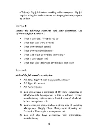 81
efficiently. My job involves working with a computer. My job
requires using bar code scanners and keeping inventory reports
up-to-date.
Exercise 8
Discuss the following questions with your classmates. Use
information from Exercise 7.
1 What is your job? /What do you do?
1 What does your work involve?
1 What are your main duties?
1 What are you responsible for?
1 What kind of job do you find interesting?
1 What is your dream job?
1 What does your ideal work environment look like?
Exercise 9
a) Read the job advertisement below.
1 Job Title: Supply Chain & Materials Manager
1 Job Type: Permanent
1 Job Requirements:
1) You should have a minimum of 10 years’ experience in
SCM/Materials Management within a relevant product
manufacturing environment, at least 4 years of which will
be in a management role.
2) Your experience should include a strong mix of Inventory
Management, Supply Chain Management, Sourcing and
Production Planning in a management role.
3) You will also have experience with international
manufacturing.
 