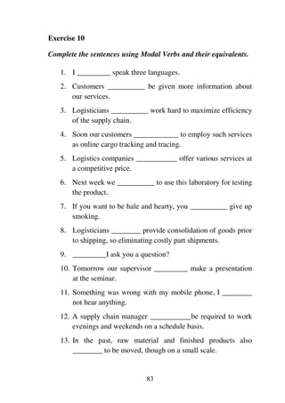 83
Exercise 10
Complete the sentences using Modal Verbs and their equivalents.
1. I _________ speak three languages.
2. Customers __________ be given more information about
our services.
3. Logisticians __________ work hard to maximize efficiency
of the supply chain.
4. Soon our customers ____________ to employ such services
as online cargo tracking and tracing.
5. Logistics companies ___________ offer various services at
a competitive price.
6. Next week we __________ to use this laboratory for testing
the product.
7. If you want to be hale and hearty, you __________ give up
smoking.
8. Logisticians ________ provide consolidation of goods prior
to shipping, so eliminating costly part shipments.
9. _________I ask you a question?
10. Tomorrow our supervisor _________ make a presentation
at the seminar.
11. Something was wrong with my mobile phone, I ________
not hear anything.
12. A supply chain manager ___________be required to work
evenings and weekends on a schedule basis.
13. In the past, raw material and finished products also
________ to be moved, though on a small scale.
 