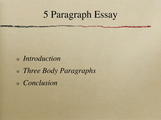 5 Paragraph Essay
Introduction
Three Body Paragraphs
Conclusion
 